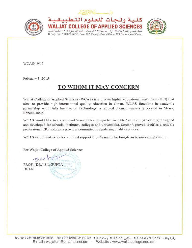 WCAS,Oman - Recommendation letter