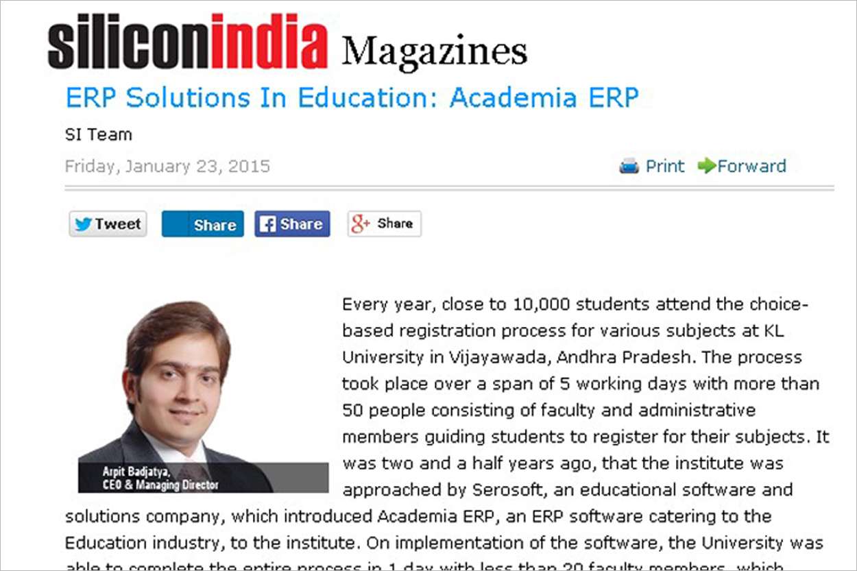 Serosoft was declared as the “Company of the Year 2014” by Silicon India.
