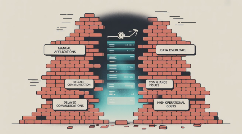 A vibrant infographic depicting the challenges of traditional admissions processes, centered around a stylized depiction of a towering, crumbling brick wall. 