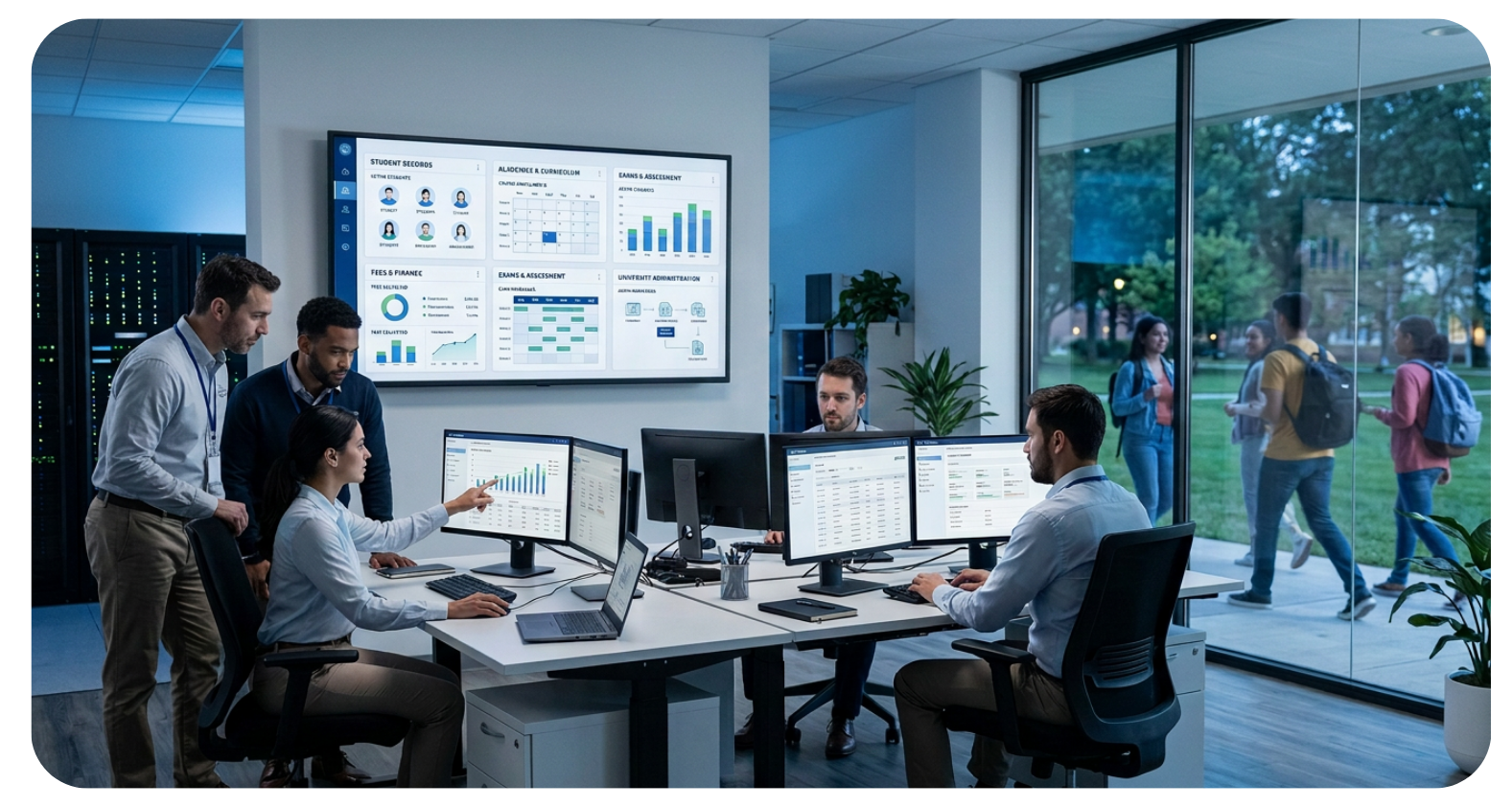 IT team collaborating around live code and data dashboards